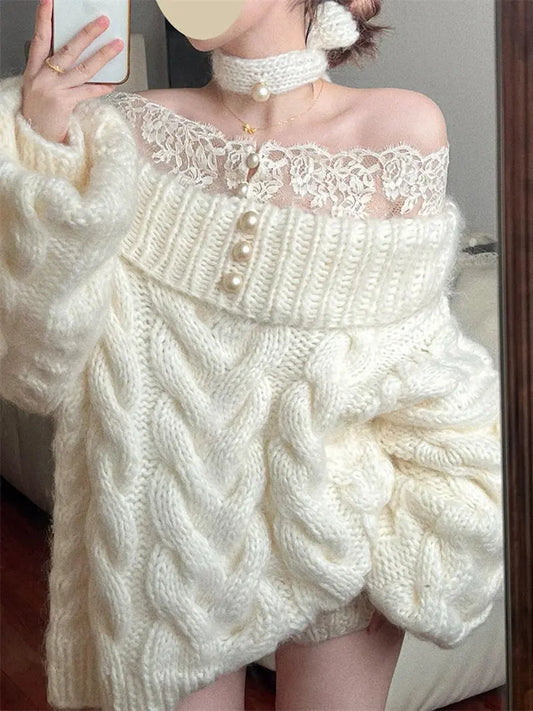 Elegant Slash Neck Sweater Women Fashion Lace Patchwork Knitted Pullovers Korean Oversized Knitwears Winter Long Sleeve Jumpers JNi3 shop