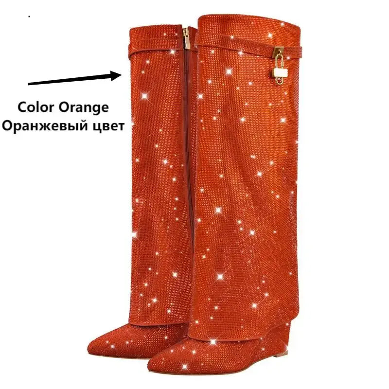 Onlymaker Women Rhinestones Knee High Boots Sexy Party Dress Wedding Shark Lock Bling Buckle Pointed Toe Boots JNi3 shop