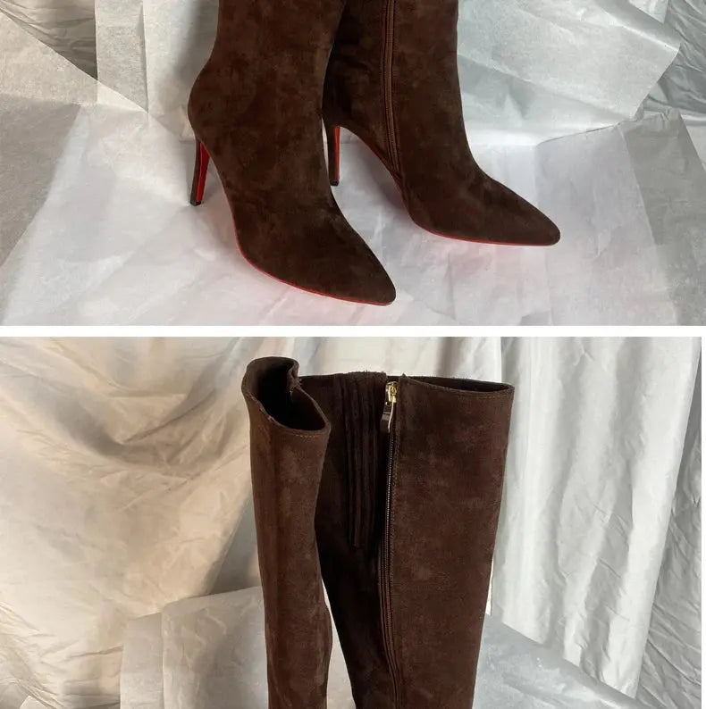 Ods Luxury Designer Sexy Pointed Toe Pole Knee High Brown Black Leather Red Sole Botas Mujer Boots For Women 8 10cm Big JNi3 shop
