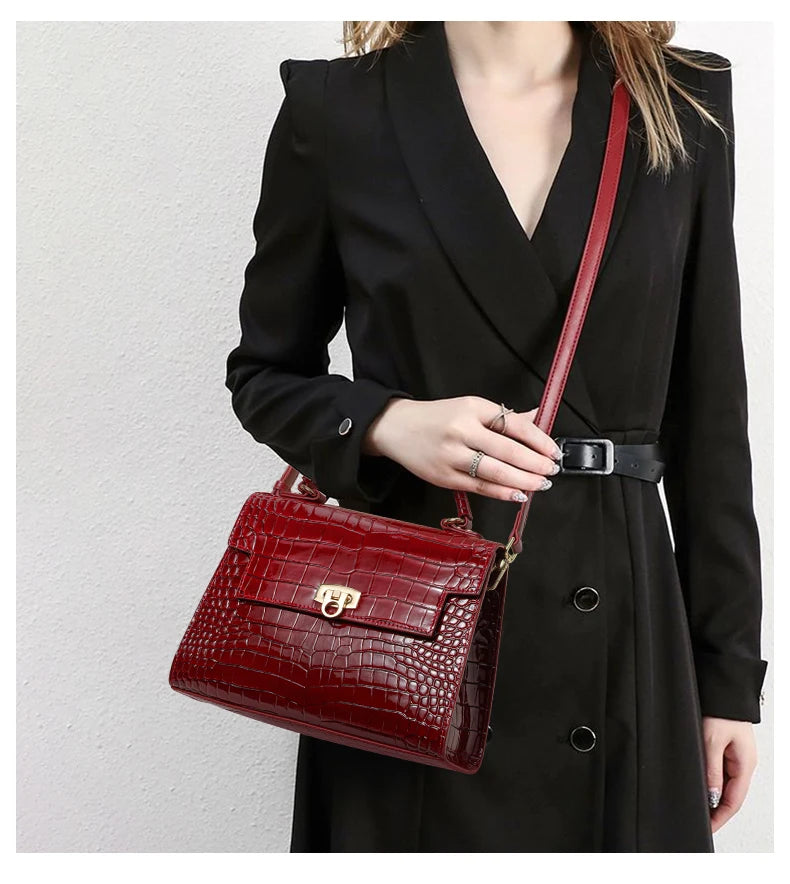 New Lacquer Skin Crocodile Pattern Women's Handbag Top Layer Cowhide Styled High Grade Single Shoulder Crossbody Bag