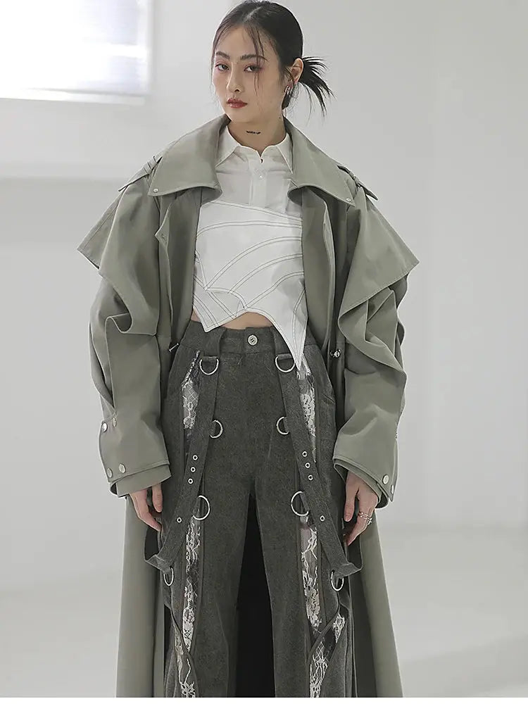 Mauroicardi Spring Long Oversized Elegant Ruffled Trench Coat for Women Double Breasted Luxury Designer Overcoat Runway Fashion JNi3 shop