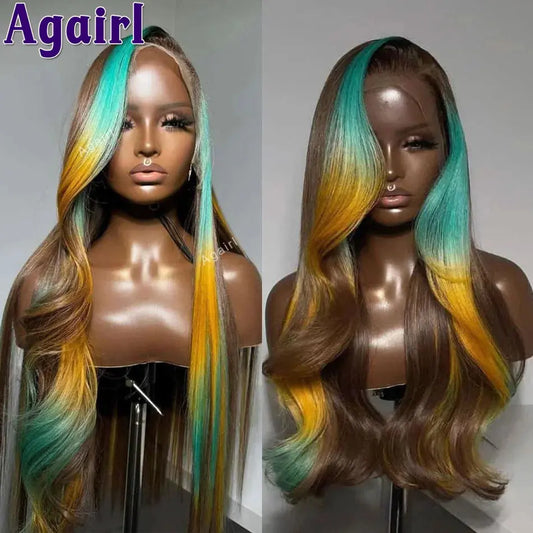 Highlights Ombre Blue Yellow 613 Colored Lace Closure Body Wave Wigs 13x6 Lace Frontal Human Hair Wigs Pre Plucked 200% JNi3 shop