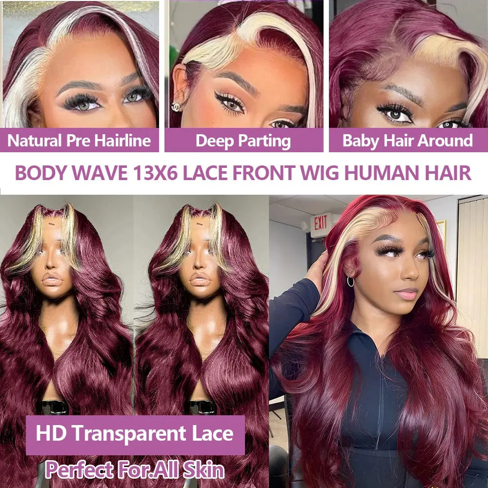 Colored Highlight Hd Transparent Body Wave Lace Front Wigs Omber Blonde With Burgundy Red Human Hair Wigs Brazilian JNi3 shop
