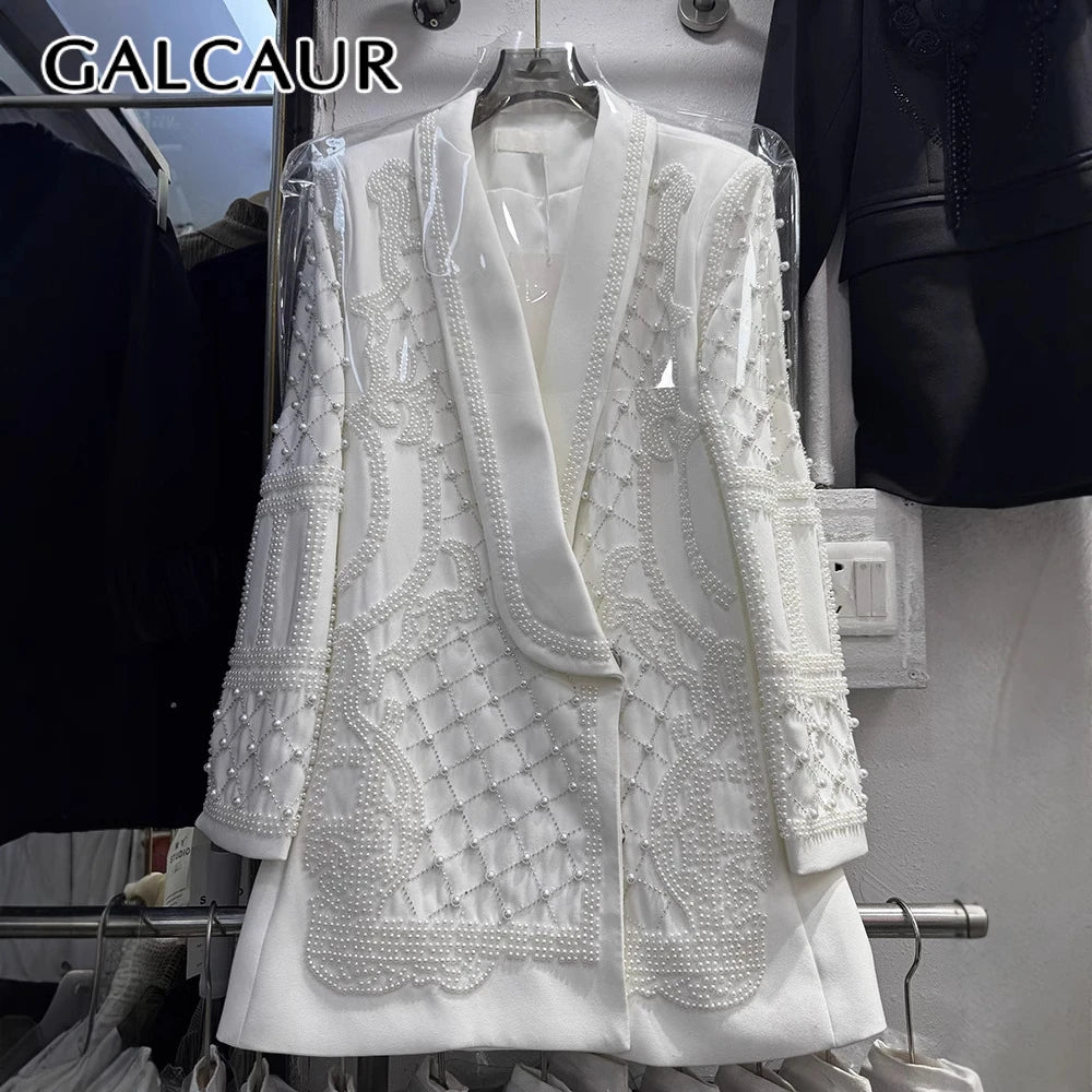 GALCAUR Solid Slimming Spliced Bead Blazer for Women Lapel Long Sleeves Patchwork Single Botton Fashion Coat Female Clothing New