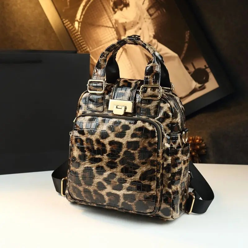 Genuine Leather Travel Backpack Leopard Print Storage Bag Designer Luxury Handbag