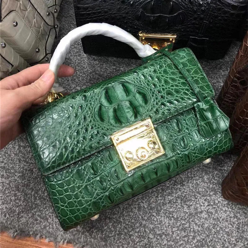 Genuine Alligator Skin Key Lock Closure Lady Small Green Handbag Authentic Crocodile Leather Women Flap Purse Cross Shoulder Bag