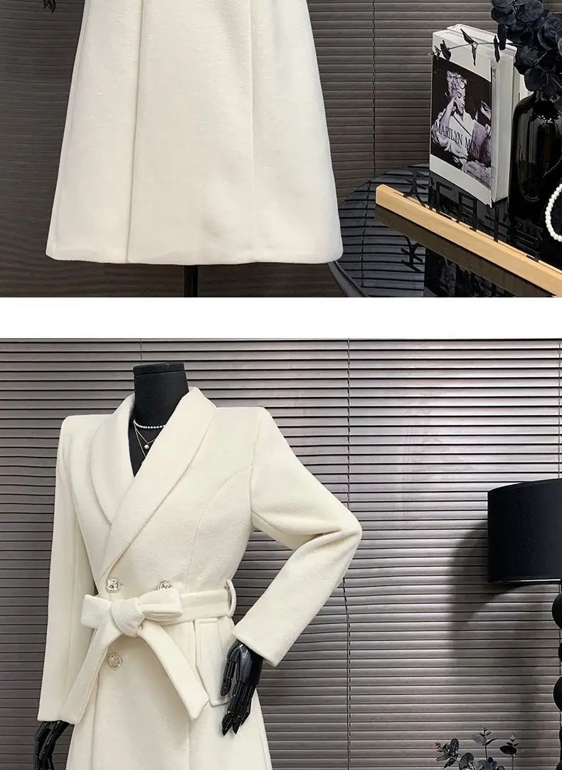 New Elegant White Woolen Coat - Thick Double-Breasted Long Winter/Autumn
