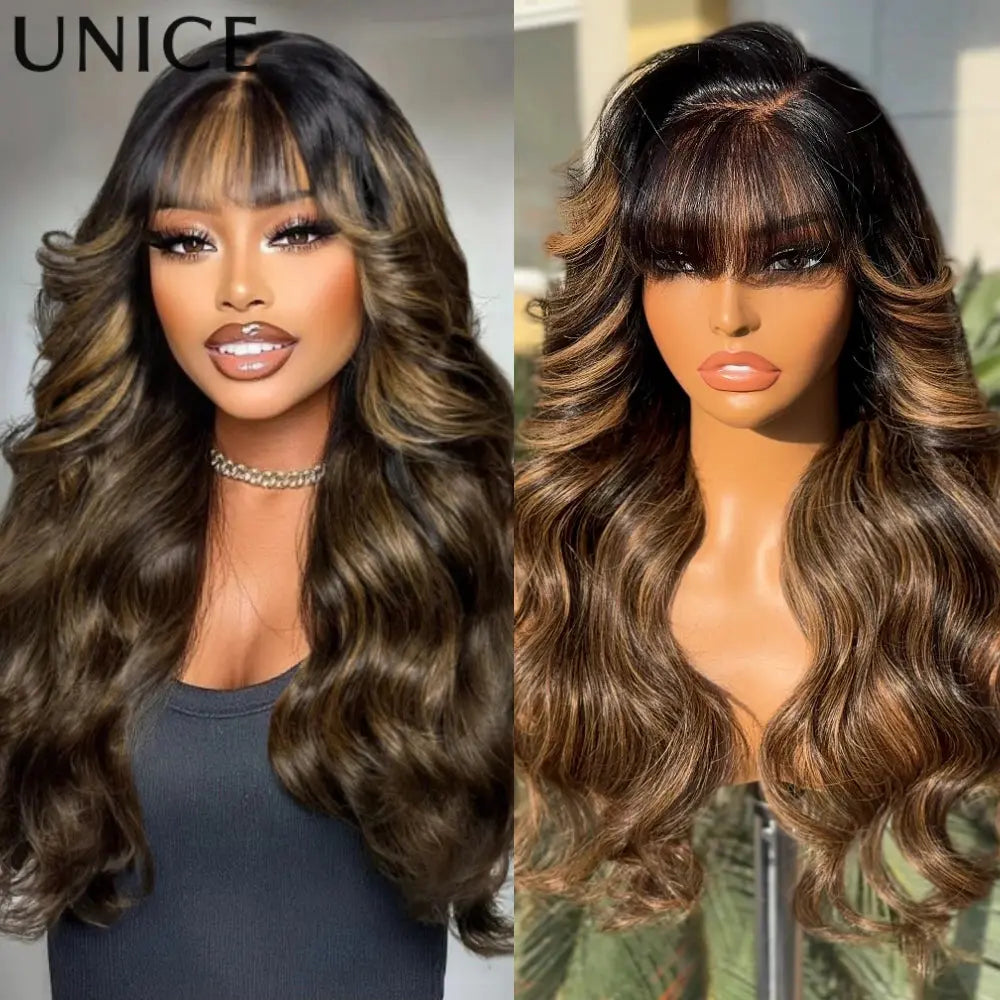 UNice Hair Drawstring Cap 13x4 Human Hair Lace Frontal Wig With Bangs FB30 Balayage Body Wave Wig Pre Everything Glueless Wigs JNi3 shop