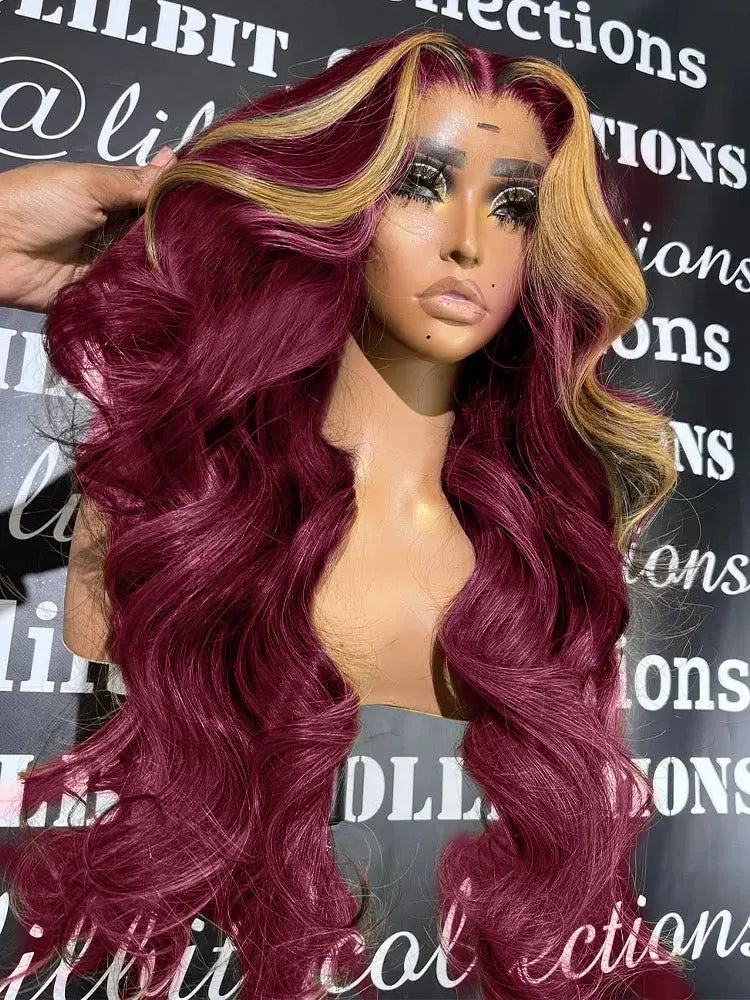 Colored Highlight Hd Transparent Body Wave Lace Front Wigs Omber Blonde With Burgundy Red Human Hair Wigs Brazilian JNi3 shop