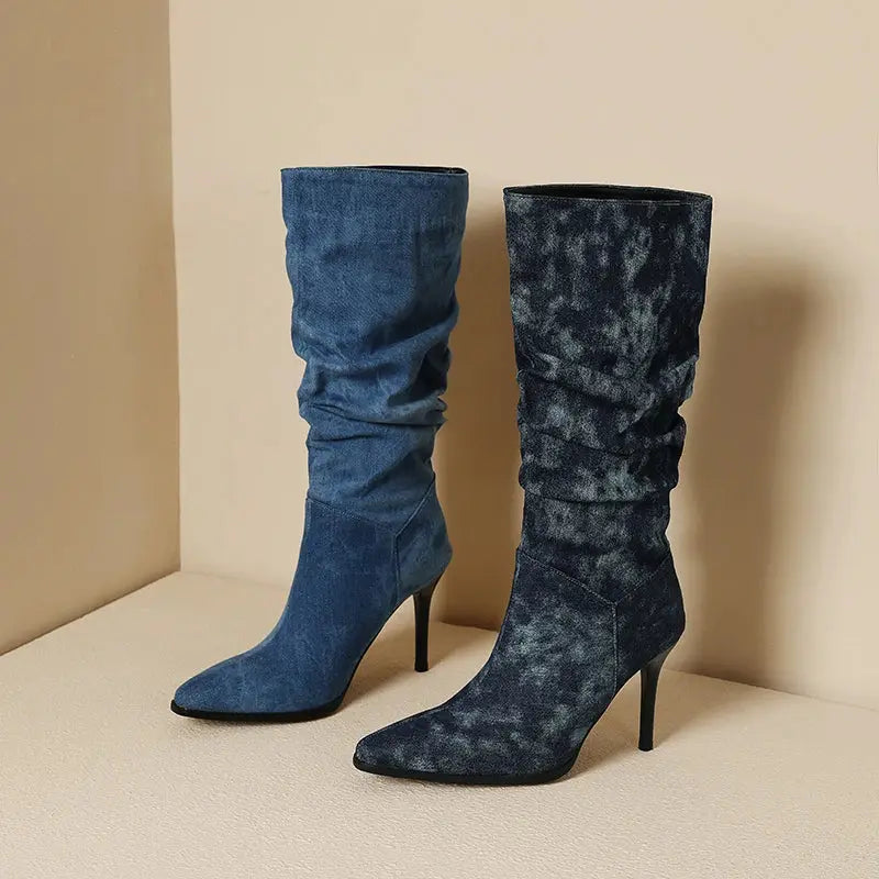 Blue Denim Knee High Cowboy Boots for Women 2025 Autumn Pleated High Heels Long Boots Woman Stiletto Heeled Jeans Botas Shoes JNi3 shop