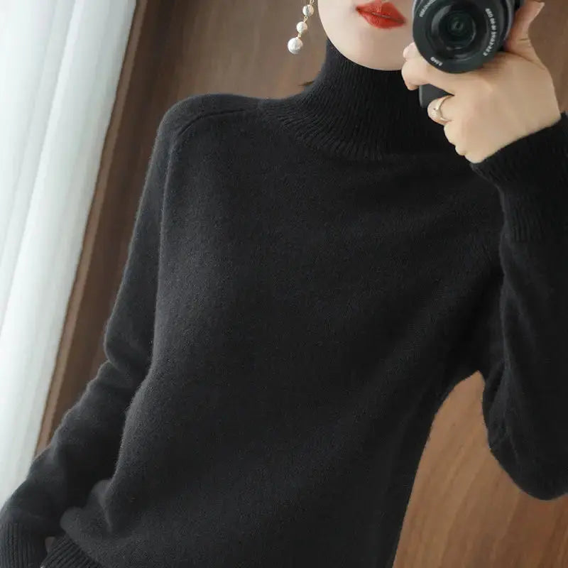 Turtleneck Pullover Fall/winter Cashmere Sweater Women Pure Color Casual Long-sleeved Loose Pullover Bottoming Women's JNi3 shop