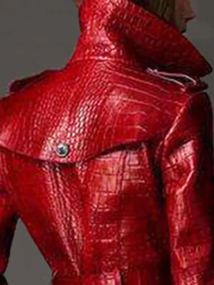 Lautaro Autumn Long Red Crocodile Print Leather Trench Coat for Women Belt Double Breasted Elegant British Style JNi3 shop