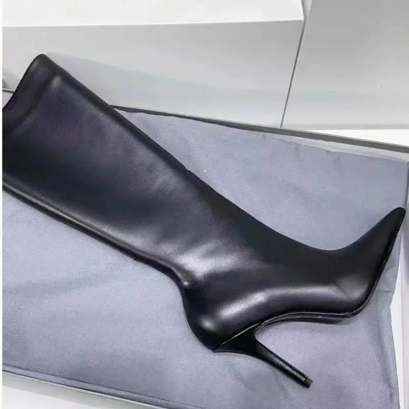 2025 Autumn And Winter New European Pointed High Boots Female Slim Heel Slim Side Zipper Motorcycle Boots High Heel Boots JNi3 shop