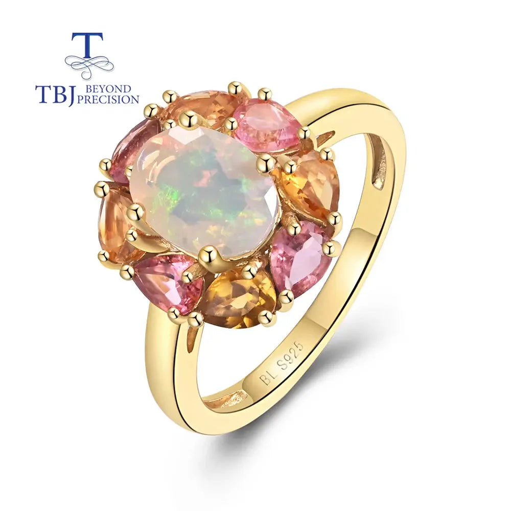Colorful natural opal cut with natural tourmaline gemstone gorgeous design ring 925 sterling silver fine jewelry gift for mom JNi3 shop