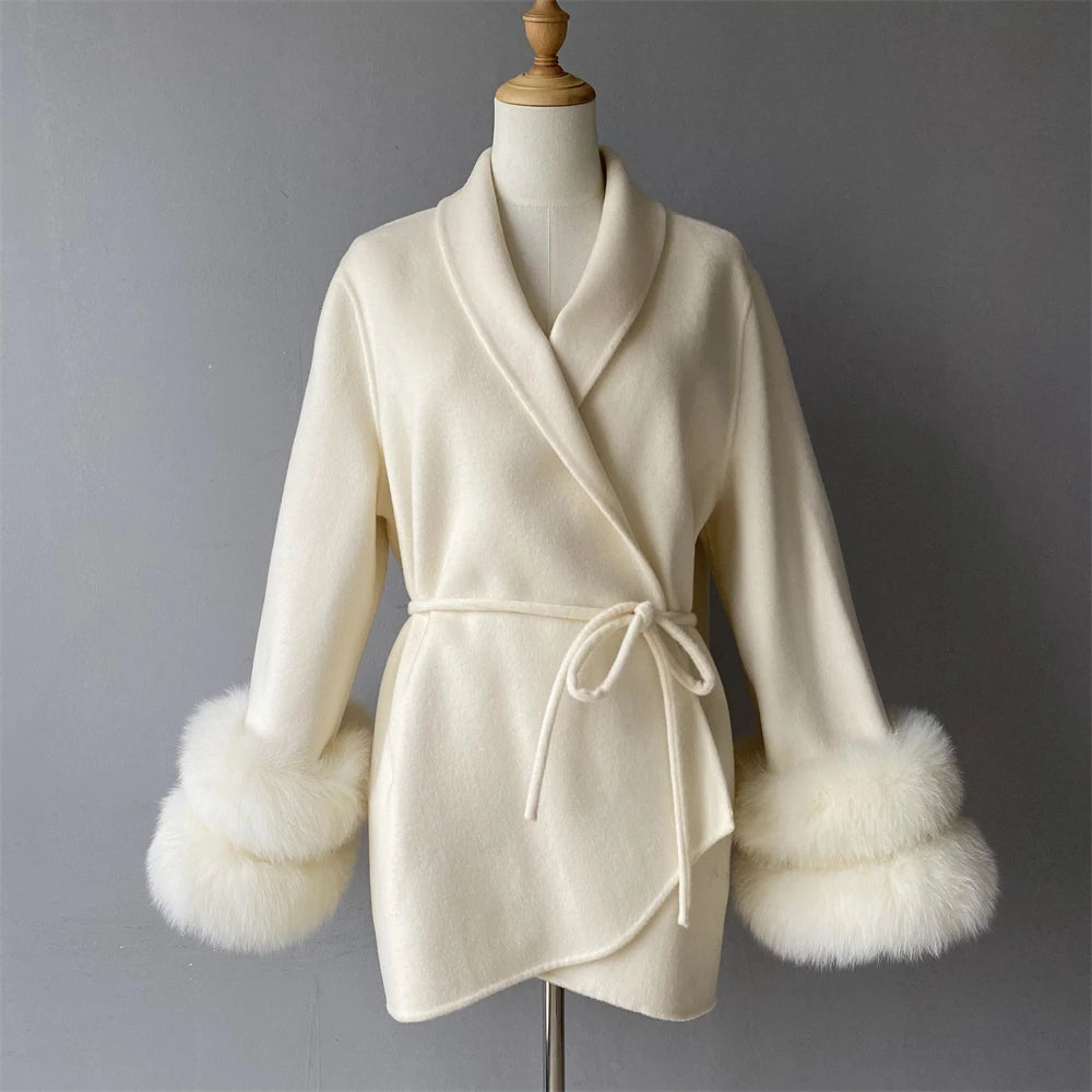 Jxwatcher Women's Wool Coats with Real Fur Cuffs Ladies Fall Fashion Wool & Blend Coats Elegant Winter Outerwear