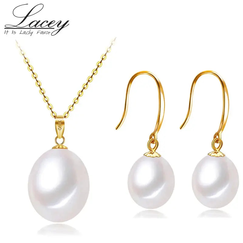 Real 18k Gold Jewelry Dets,Natural Pearl Pendant Earrings Sets AU750,White Freshwater Pearl Necklace and Earring Set Fine Gift JNi3 shop