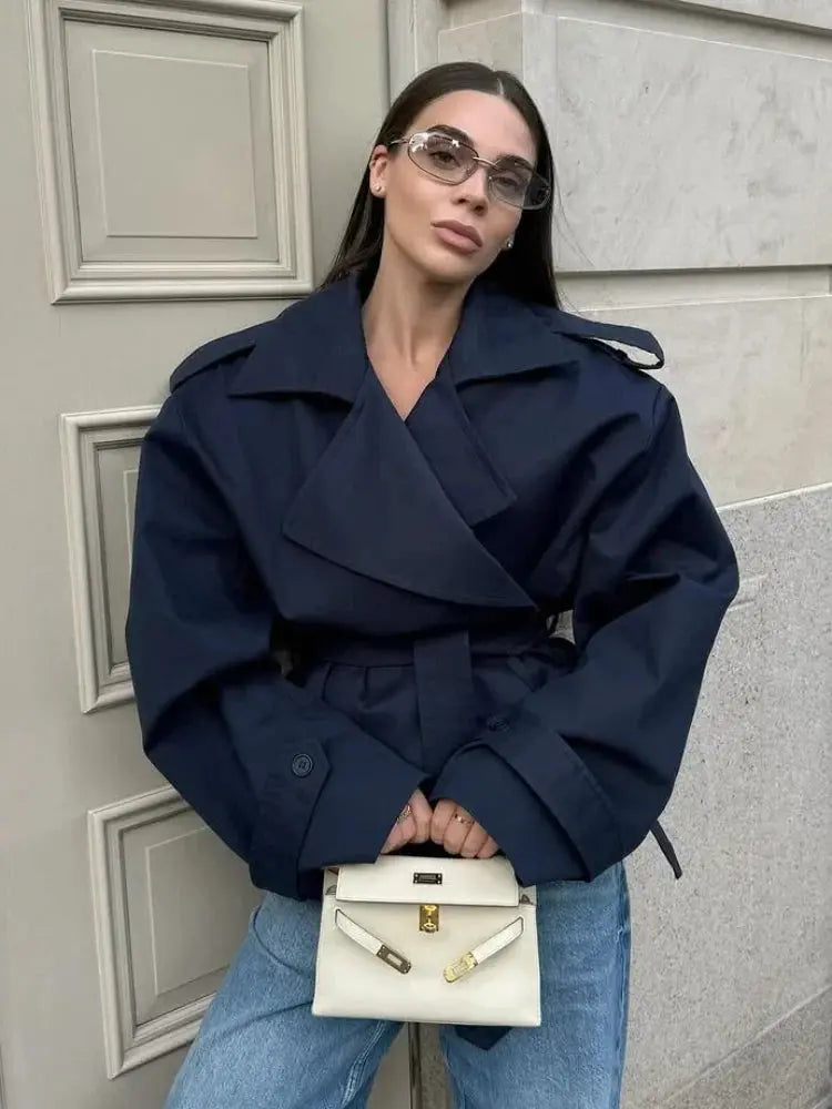 Lace Up Lapel Collar Windbreaker Women Shoulder Pat Long Sleeves Wide Shoulder Coats 2025 Autumn Commute Daily Jacket JNi3 shop