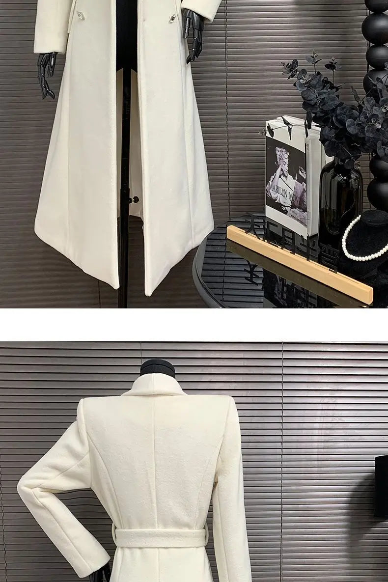 New Elegant White Woolen Coat - Thick Double-Breasted Long Winter/Autumn