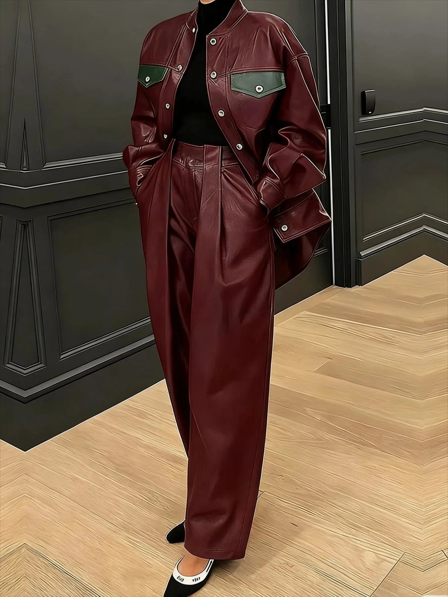 Gymystars Autumn Wine Red PU Two Piece Sets for Women Fashion Wide Leg Pants Elegant Button Jacket Elegant No Belt Trousers Suit JNi3 shop