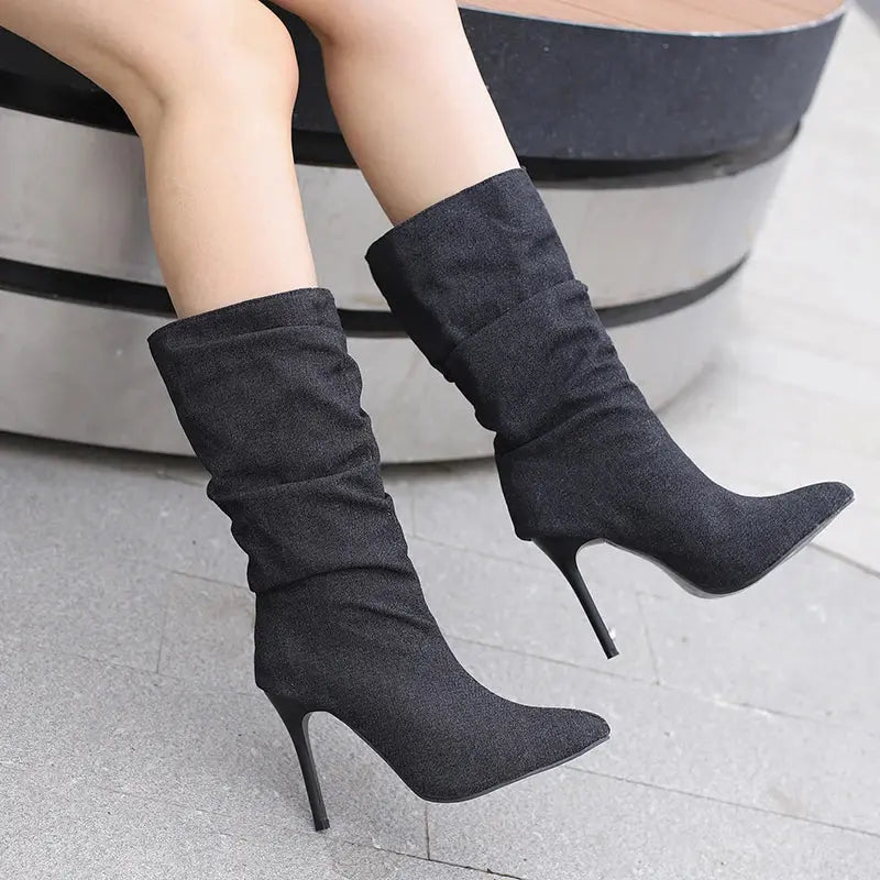 2024 New Plus Size Pointed Toe Ultra-High Slim Heel TPR Sole Light Blue Denim Mid –Calf Boots Pleated Plush Lining Sexy Boots JNi3 shop