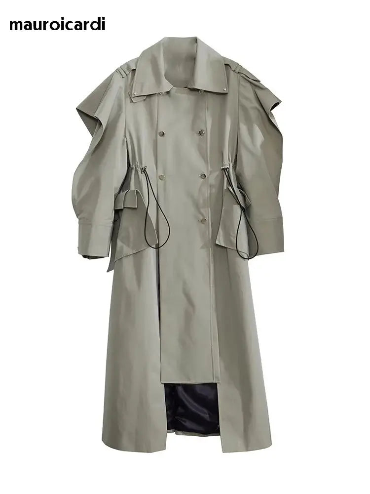 Mauroicardi Spring Long Oversized Elegant Ruffled Trench Coat for Women Double Breasted Luxury Designer Overcoat Runway Fashion JNi3 shop