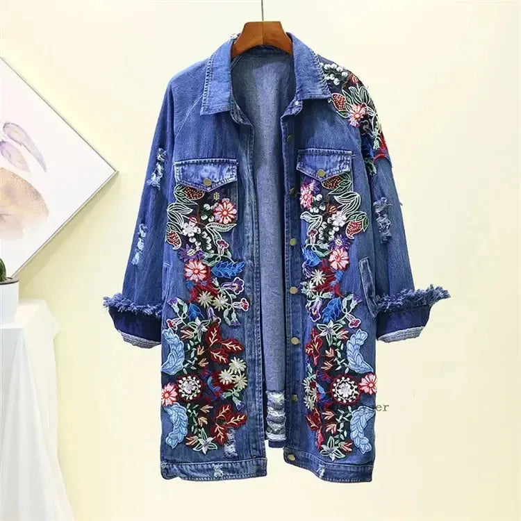 Spring Autumn Loose Vintage Flower Embroidered Denim Jacket Women Single-breasted Casual Raw Fringe Hole Jeans Jackets Female JNi3 shop