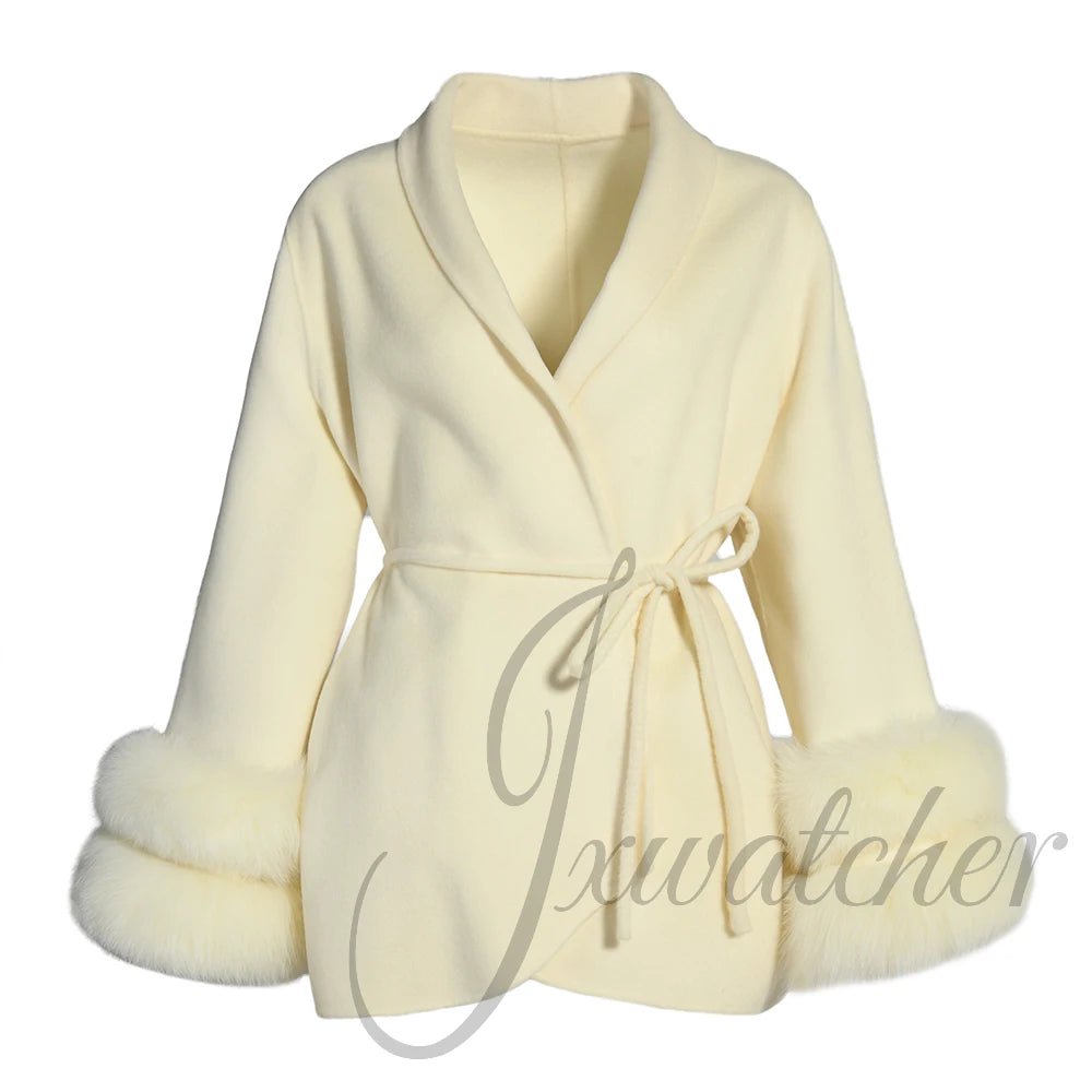 Jxwatcher Women's Wool Coats with Real Fur Cuffs Ladies Fall Fashion Wool & Blend Coats Elegant Winter Outerwear