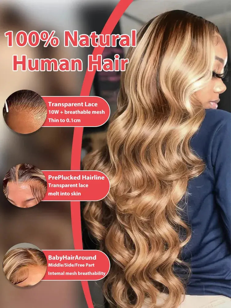 100% Human Hair Highlight Ombre 13x6 HD Lace Frontal Wigs Body Wave 13x4 Lace Front Wig 30 40 Inch Water Loose Brown Brazilian JNi3 shop
