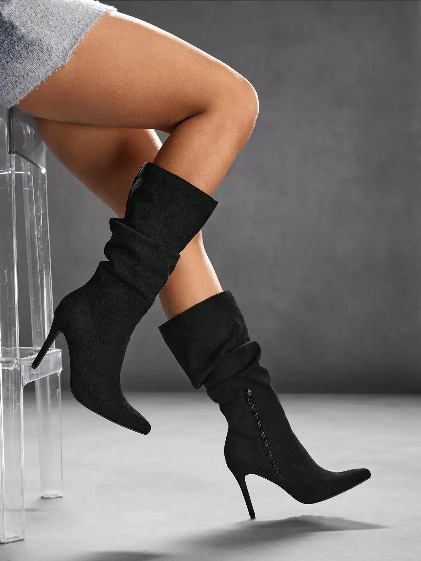 Women's Denim Slouchy Knee High Boots Stiletto Heel Pointed Toe Side Zip Trendy Autumn Winter Fashion Elegant Party Daily Wear JNi3 shop