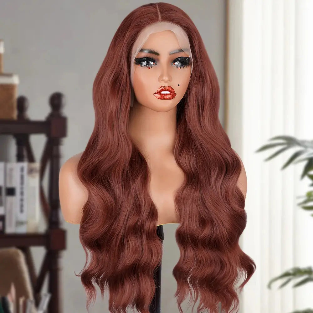 13x6 Reddish Brown Women's Wigs Synthetic Lace Front Wig Red Body Wave Lace Frontal Wig Glueless Pre Plucked With Baby Hair Wig JNi3 shop