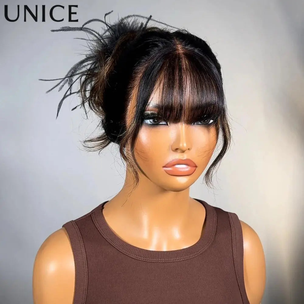 UNice Hair Drawstring Cap 13x4 Human Hair Lace Frontal Wig With Bangs FB30 Balayage Body Wave Wig Pre Everything Glueless Wigs JNi3 shop