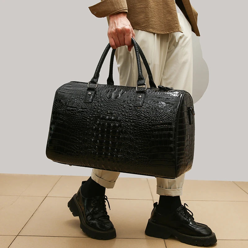 Men’s Luxury Crocodile Pattern Travel Duffel – Large Capacity Glossy Alligator Embossed Weekender & Business Luggage