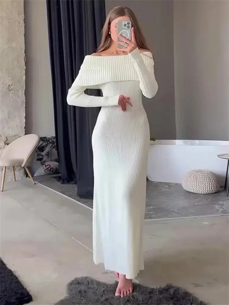 Tossy Fashion Knit Long Dress Off-Shoulder Female Ribbed Loose High Waist Elegant Autumn Party Dress Ladies Knitwear Maxi Dress JNi3 shop