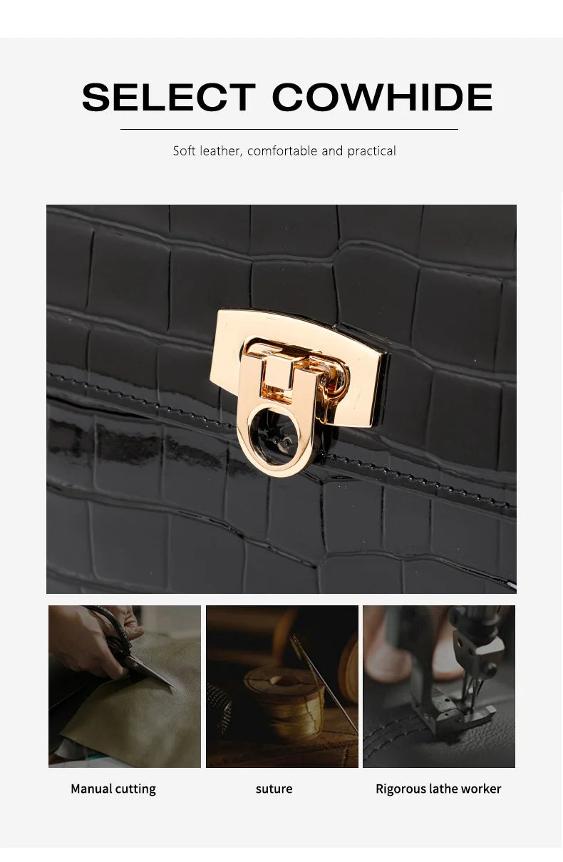 New Lacquer Skin Crocodile Pattern Women's Handbag Top Layer Cowhide Styled High Grade Single Shoulder Crossbody Bag