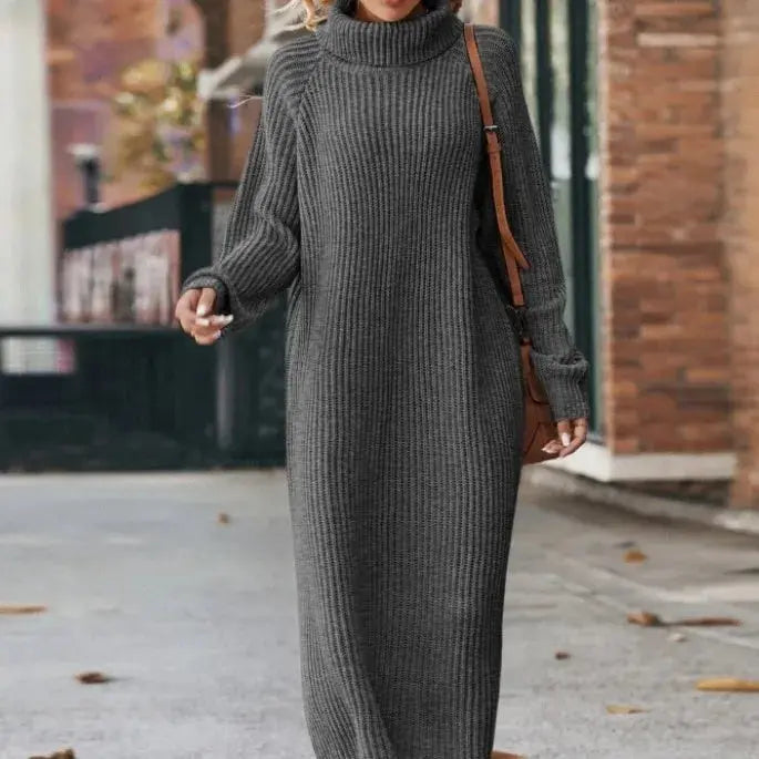 Winter New Women's Fashion Temperament Elegant Slim Fit Coat Long Woolen Dress Loose Casual High Neck Knitted Dress JNi3 shop