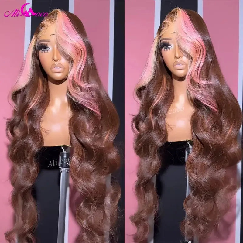 Ali Coco HD Brown Pink 13x4 Body Lace Frontal Wig For Women 12A Pink Hightlight Lace Front Human Hair Wigs Preplucked JNi3 shop