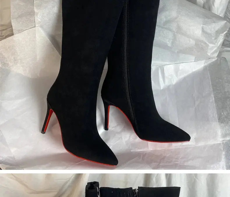 Ods Luxury Designer Sexy Pointed Toe Pole Knee High Brown Black Leather Red Sole Botas Mujer Boots For Women 8 10cm Big JNi3 shop