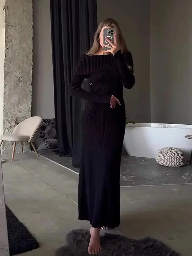 Tossy Fashion Knit Long Dress Off-Shoulder Female Ribbed Loose High Waist Elegant Autumn Party Dress Ladies Knitwear Maxi Dress JNi3 shop