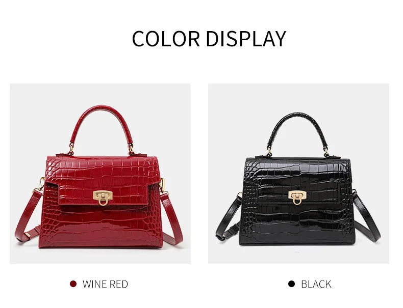 New Lacquer Skin Crocodile Pattern Women's Handbag Top Layer Cowhide Styled High Grade Single Shoulder Crossbody Bag