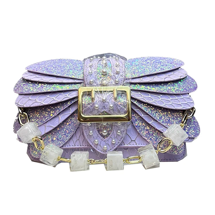 Pearl Rivets Wings Women Bag Genuine Leather Trendy Handbags Lady Small Square Shoulder Messenger Sequin Bags