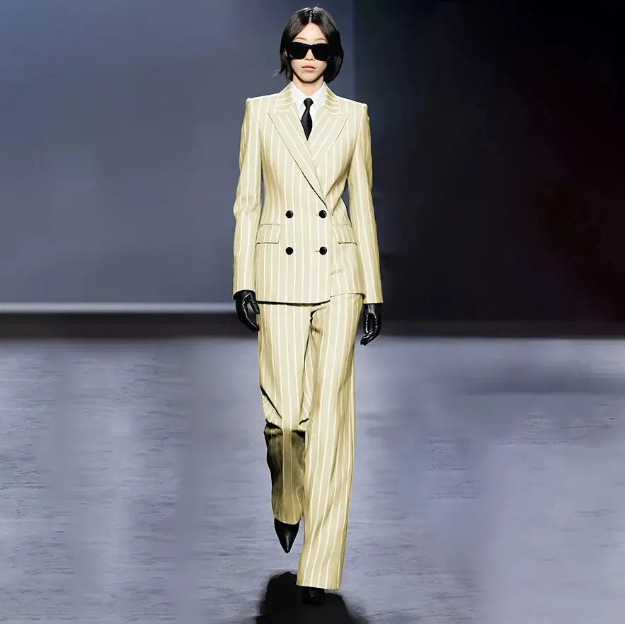 Dark Blue Stripes Women Suit Customized Double-breasted Peak Lapel Two Pieces(Jacket+Pants) Business Office Lady Competent Set JNi3 shop