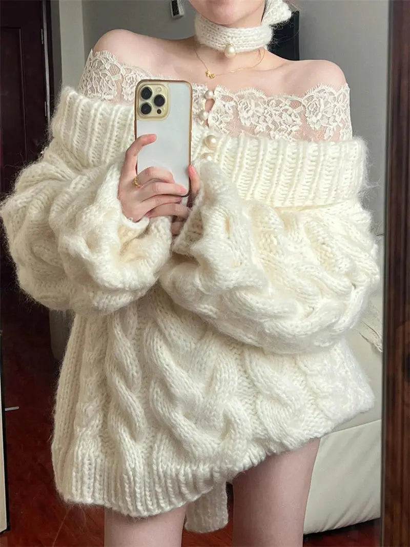 Elegant Slash Neck Sweater Women Fashion Lace Patchwork Knitted Pullovers Korean Oversized Knitwears Winter Long Sleeve Jumpers JNi3 shop