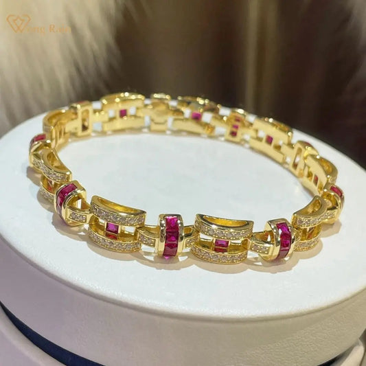 Wong Rain 18K Gold Plated 925 Sterling Silver Lab Sapphire Ruby Gemstone Luxury Bracelets Bangle Fine Jewelry Anniversary Gifts JNi3 shop