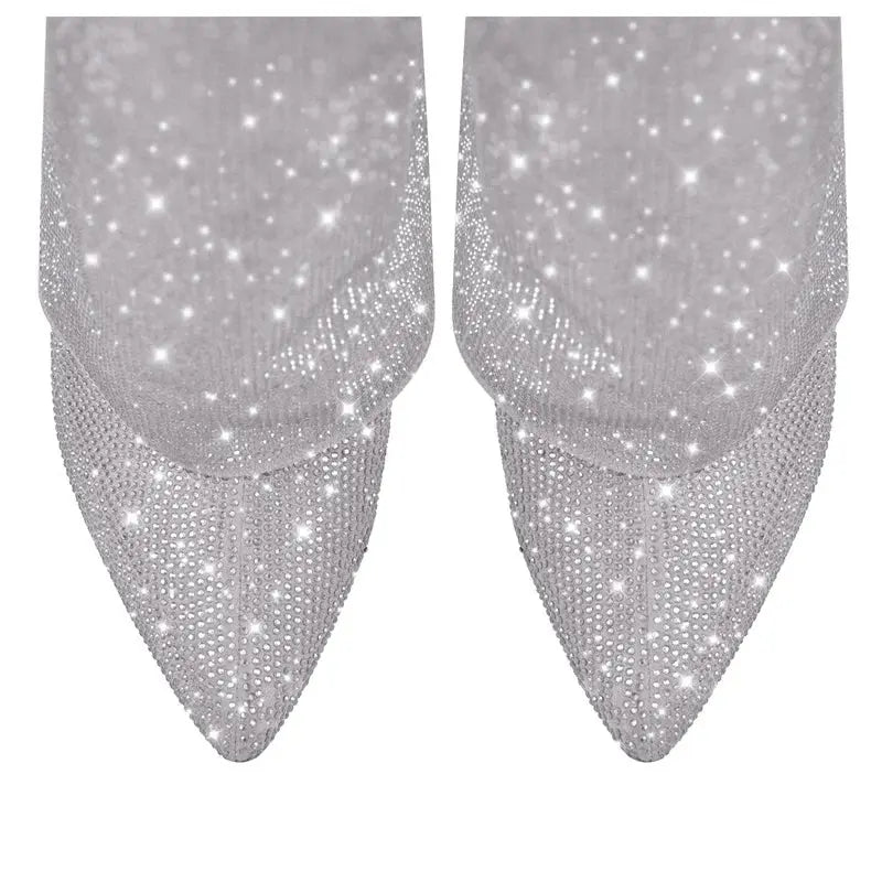 Onlymaker Women Rhinestones Knee High Boots Sexy Party Dress Wedding Shark Lock Bling Buckle Pointed Toe Boots JNi3 shop