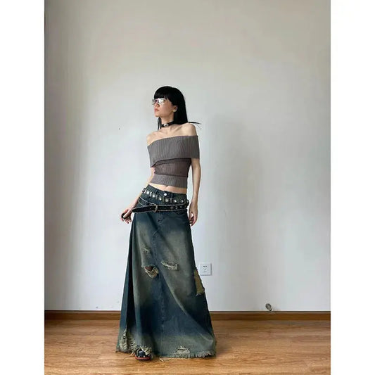 Women Denim Skirt Y2k Emo 2000s Clothes Long Skirt Harajuku Korean 90s Fashion Vintage Gradient A-line Jean Skirt Grunge Clothes JNi3 shop
