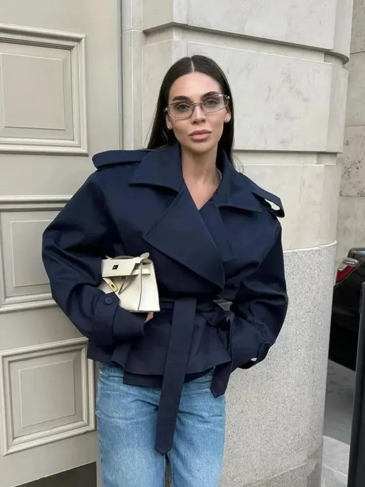 Lace Up Lapel Collar Windbreaker Women Shoulder Pat Long Sleeves Wide Shoulder Coats 2025 Autumn Commute Daily Jacket JNi3 shop