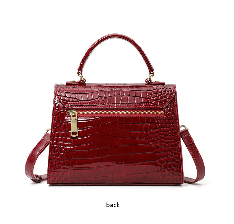 New Lacquer Skin Crocodile Pattern Women's Handbag Top Layer Cowhide Styled High Grade Single Shoulder Crossbody Bag