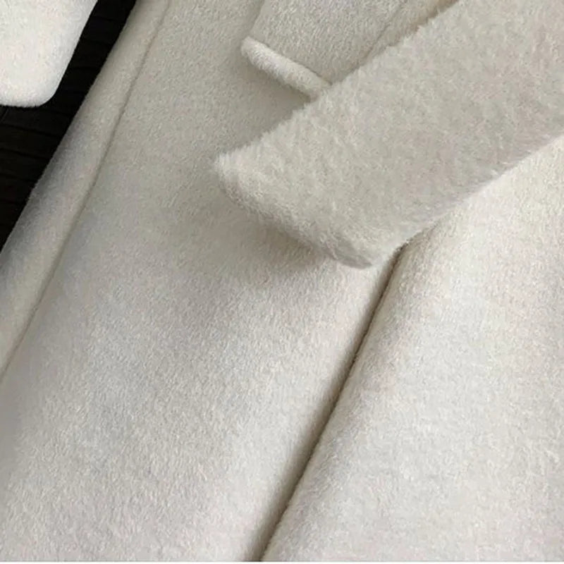 New Elegant White Woolen Coat - Thick Double-Breasted Long Winter/Autumn