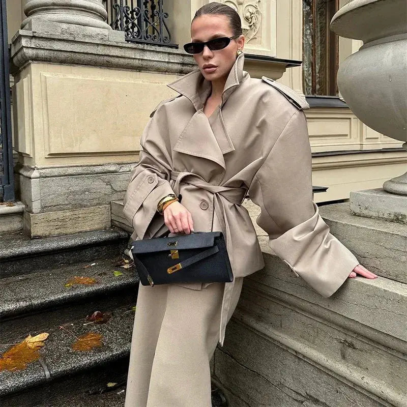 Lace Up Lapel Collar Windbreaker Women Shoulder Pat Long Sleeves Wide Shoulder Coats 2025 Autumn Commute Daily Jacket JNi3 shop