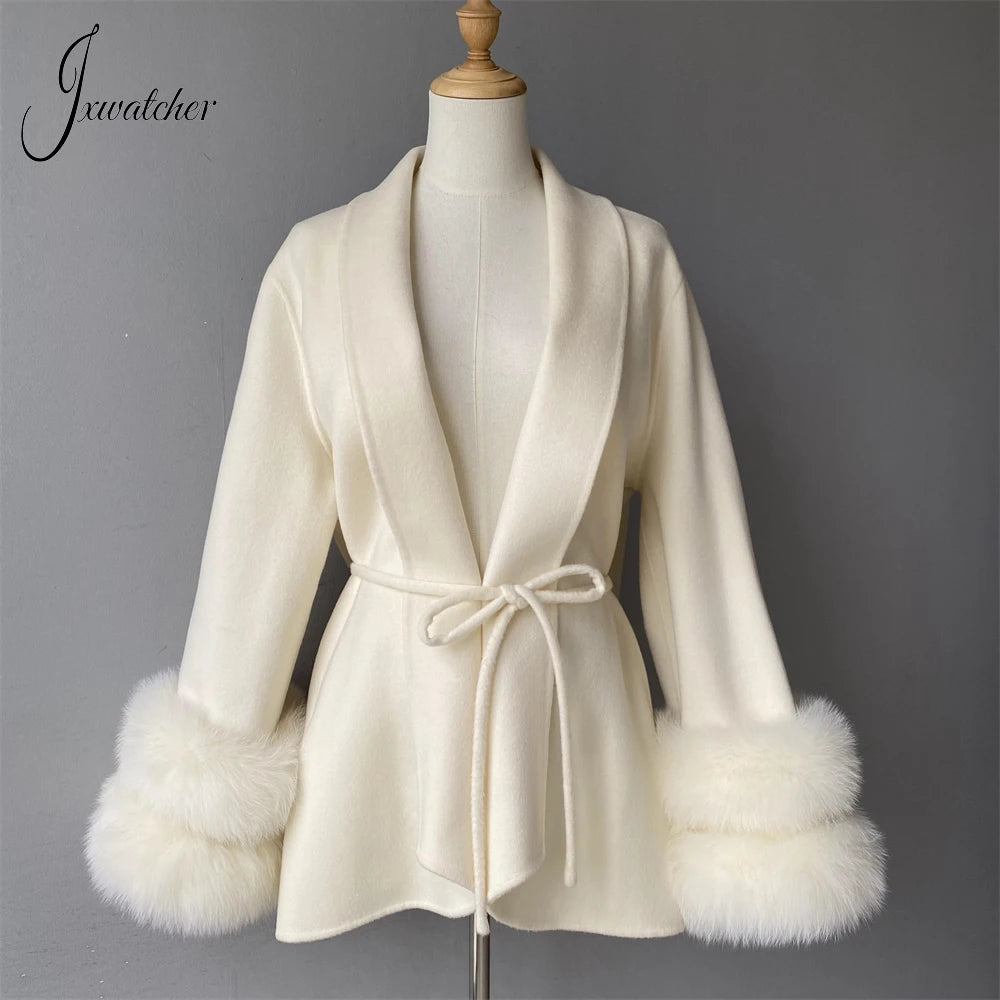 Jxwatcher Women's Wool Coats with Real Fur Cuffs Ladies Fall Fashion Wool & Blend Coats Elegant Winter Outerwear